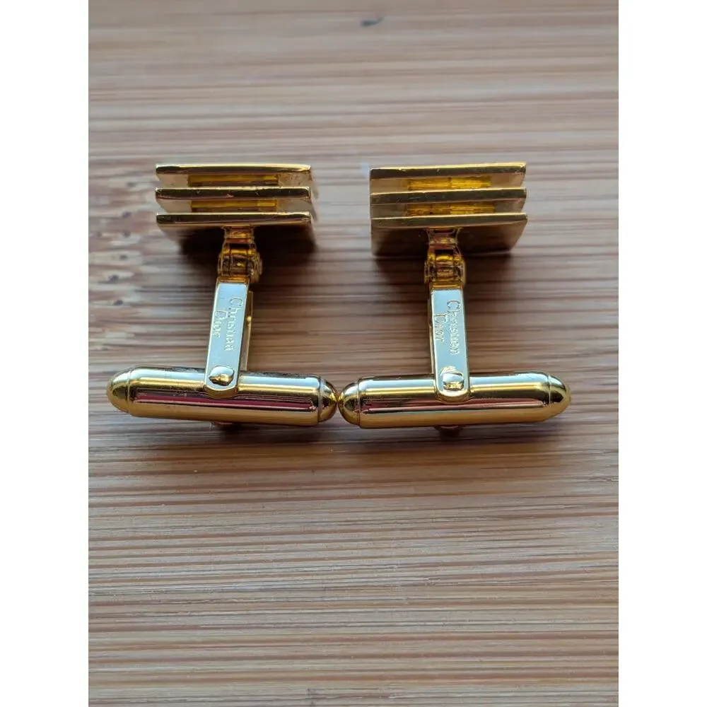 Christian Dior Logo Gold Tone Three Layered Square Cufflinks